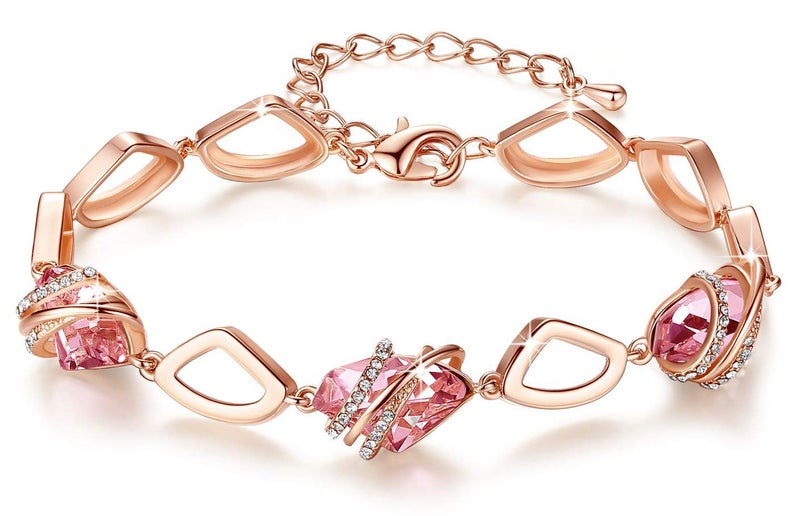 Leafael Wish Stone Link Charm Bracelet with Vintage Pink Birthstone Crystal for October, Rose Gold Plated, 7"+2" - Image 1